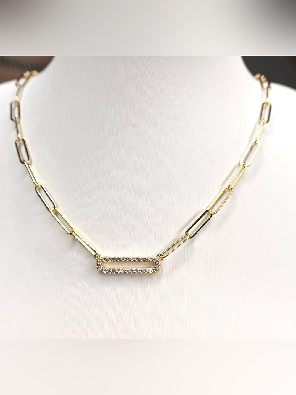 Gold Paperclip Chain Necklace with Pave Oval Pendant